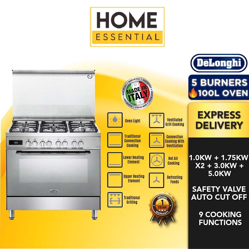 Delonghi 5 Sabaf Burners + Giant Electric Oven 100L Professional Range Cooker PEMX9568 *MADE IN