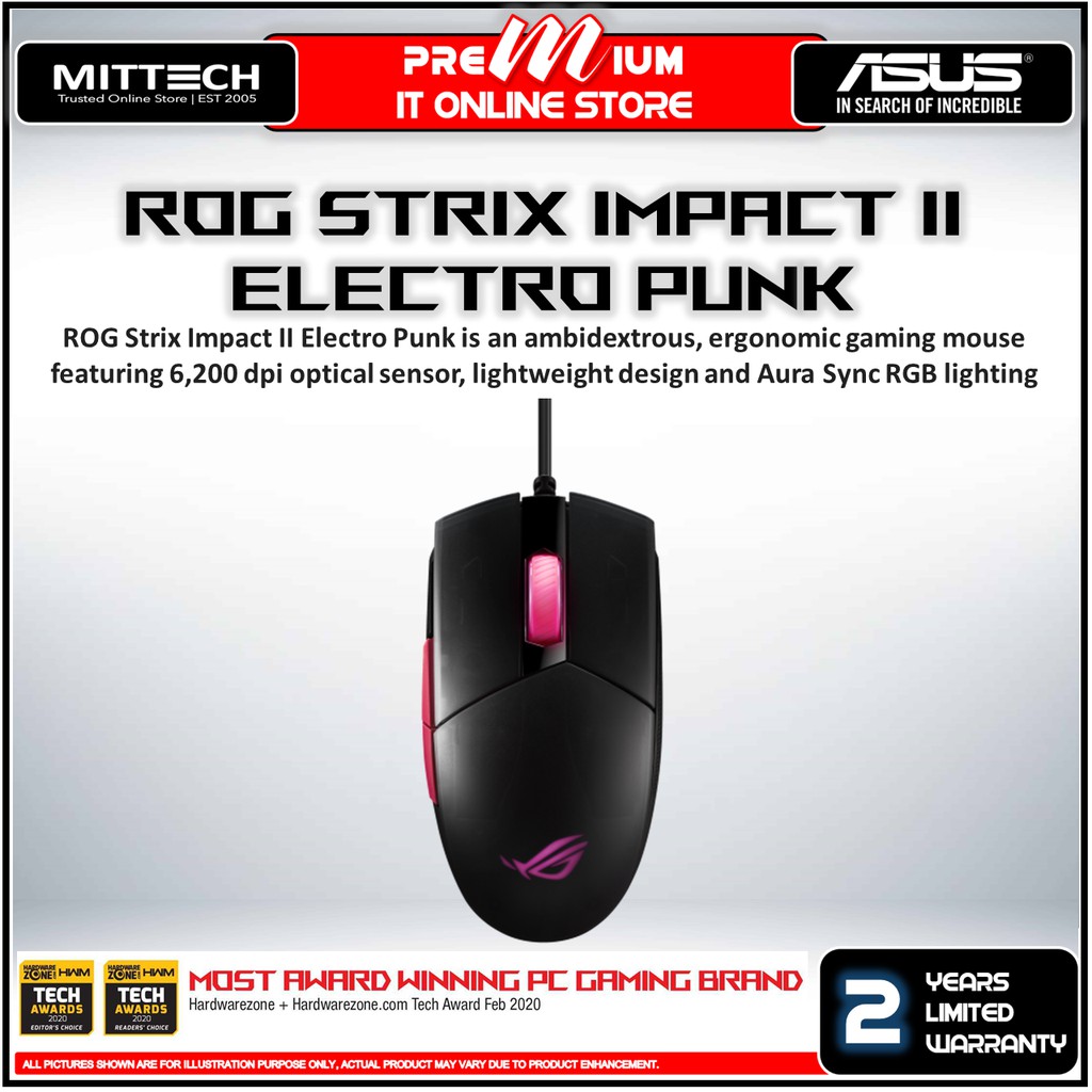 Asus Rog Strix Impact Ii Electro Punk Gaming Mouse Wired 6 0 Dpi Optical Sensor Lightweight Shopee Malaysia