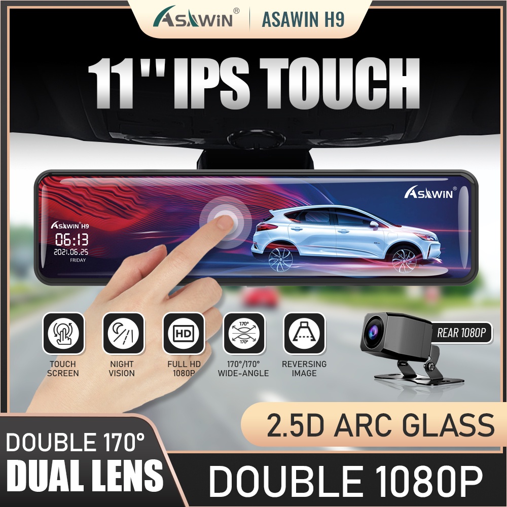 Asawin H Inch Rearview Mirror Dash Cam With Full Touch Screen For Car Camera Front And Back