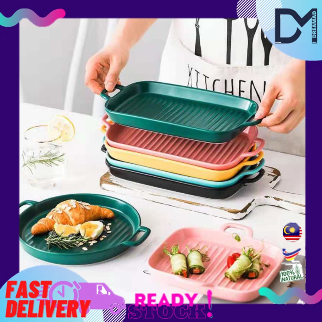 Dreamad Nordic Style Ceramic Pizza Plate Main Dish Cookware Two Ear Ceramic Plate Microwave Oven Available