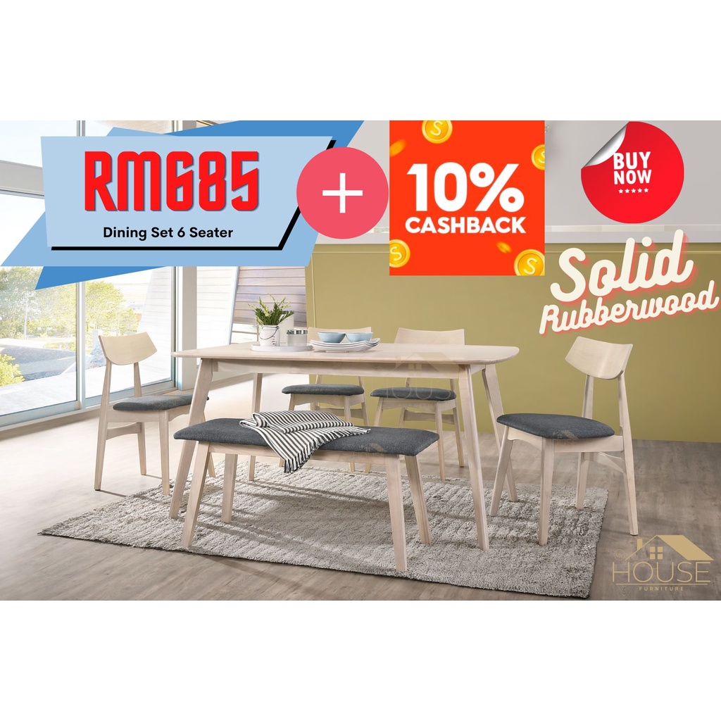MYHOUSE CHESTER Solid Rubberwood Dining Table 6 Seater with Bench Chair Meja Makan Murah Dining