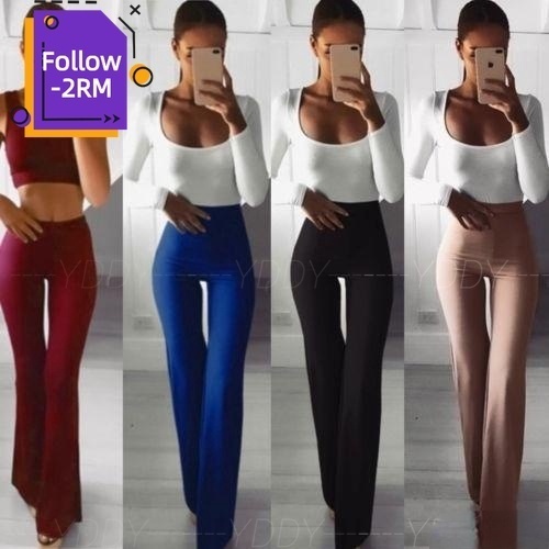YDDY Women Solid Color High Waist Bodycon Wide Leg Pants Flare Pants Pencil Scrub Seluar Loose Muslimah Palazo Legging