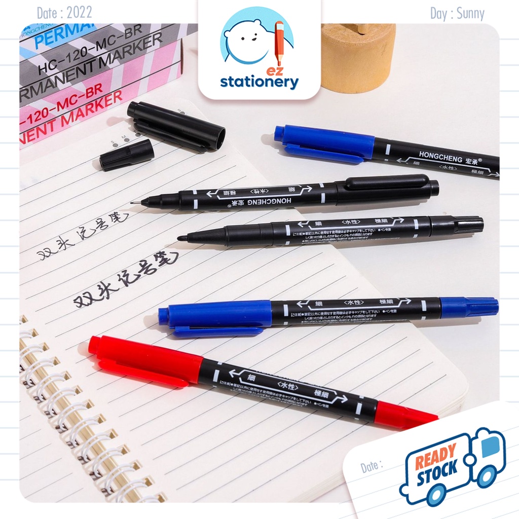 Ready Stock Two Tip Permanent Marker Pen 0.5 1.0mm Double Head Oil Ink Permanent Pen Office School Stationery 记号笔 马克笔