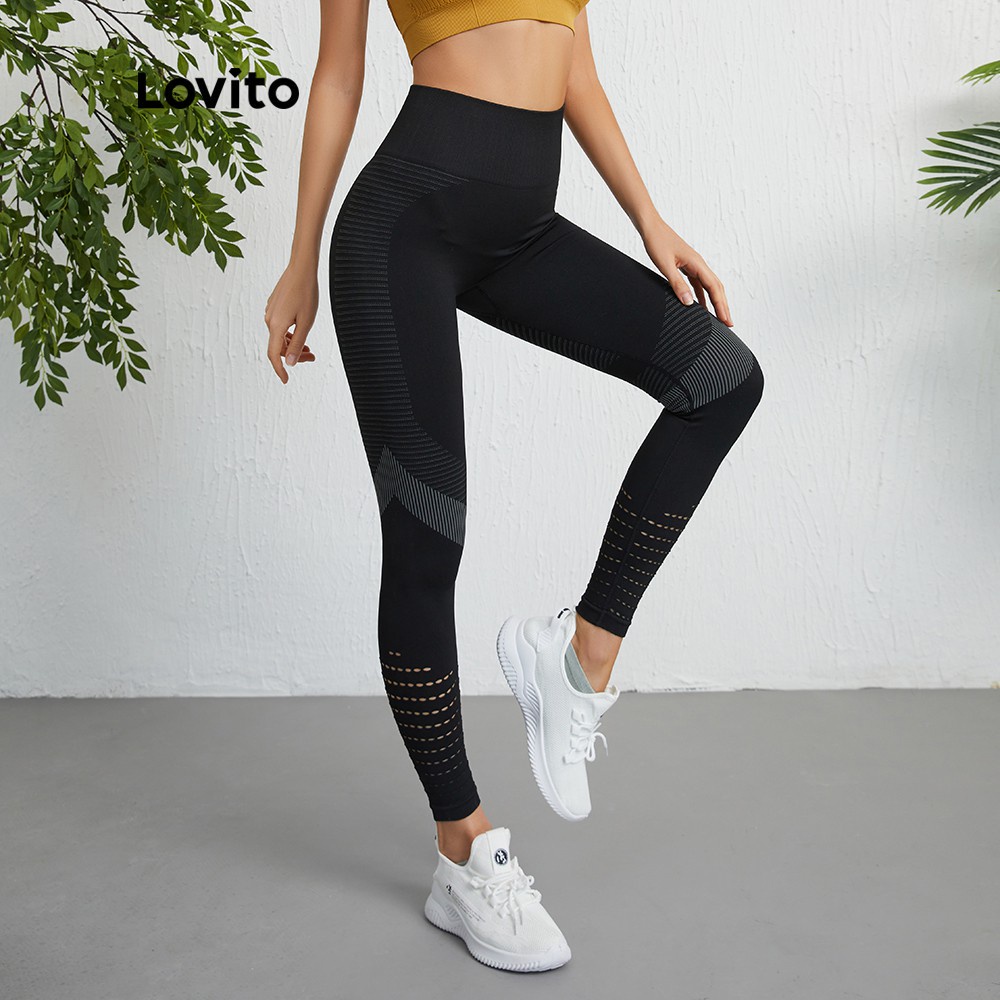 Essential Reliable Lovito Plain Quick Drying Cut Out High Waist Seamless Slimming Sports Leggings Woman L09021 (Black... - Image 5