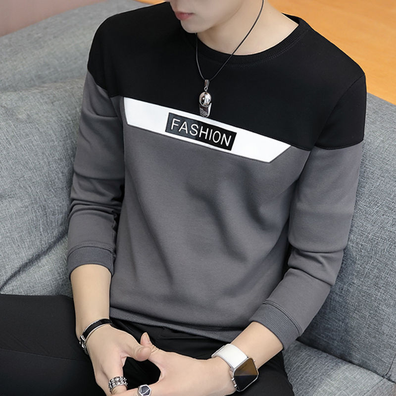 T-shirt men's color matching Sweatshirt slim t-shirt t-shirt men's Long Sleeve Top Black Red