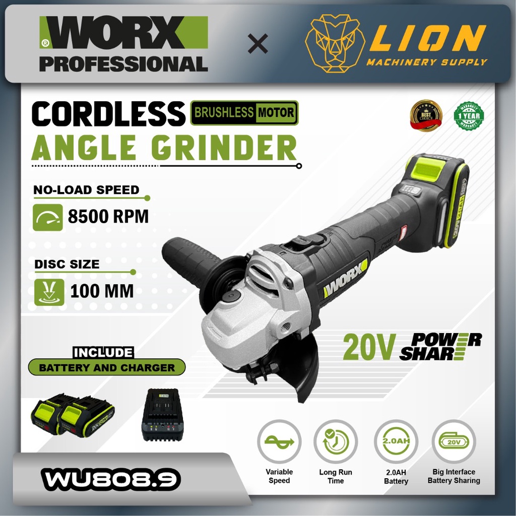 WORX WU808 20V 4.0Ah Liion Cordless Brushless motor 100mm Variable Speed Angle Grinder 1 Year