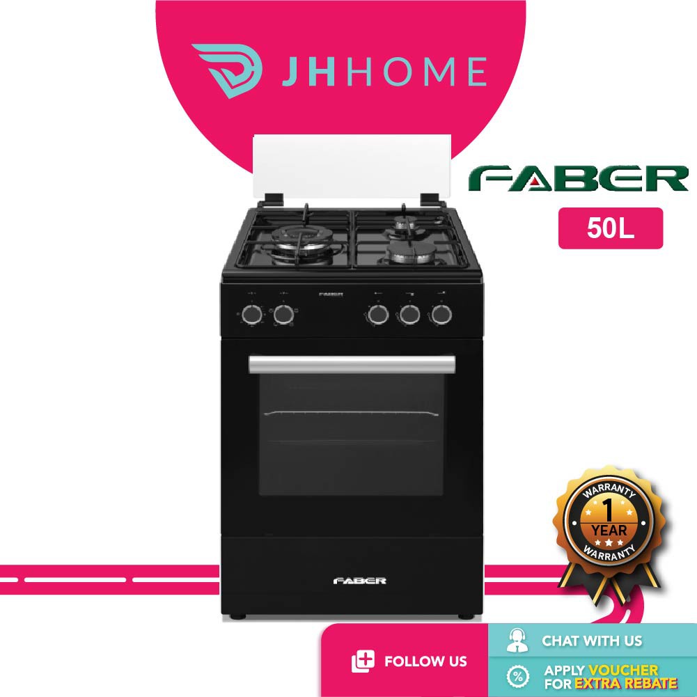 Faber Fisso 3 Burners Shiny Black Free Standing Cooker Gas Cooker With 5 Functions Electric Oven (50 L) 5583E/Bk