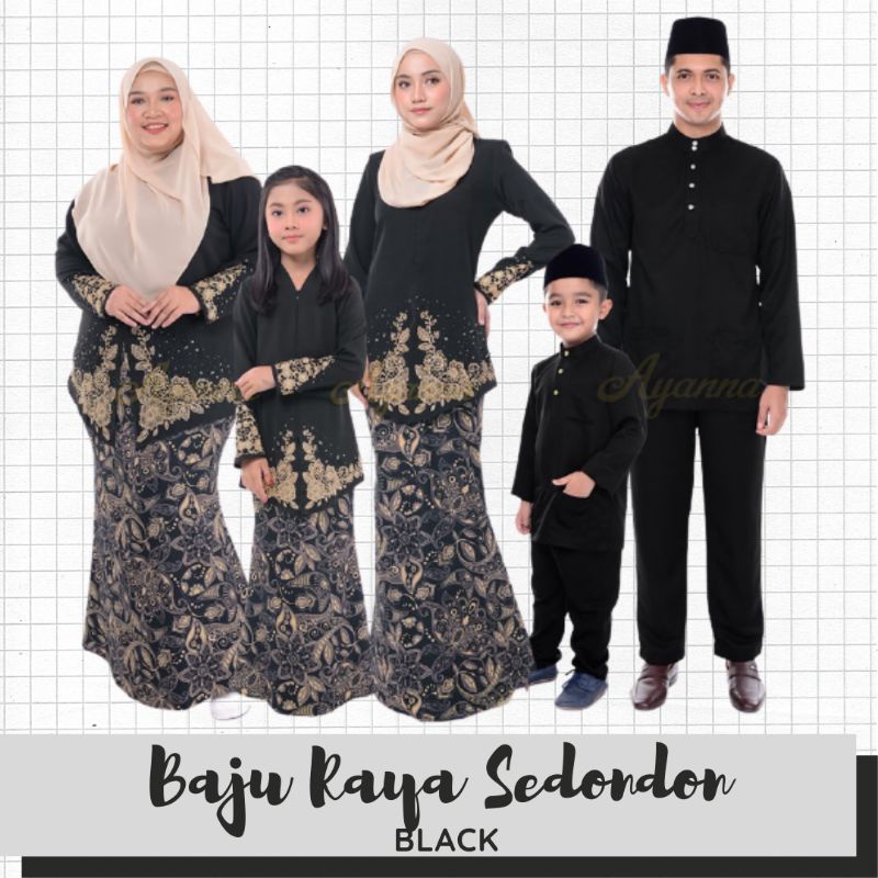 Baju Raya Sedondon Tema Warna Black Hitam Set Family Ayah Ibu Anak Baju Kurung Baju Melayu Kurta Ay2021