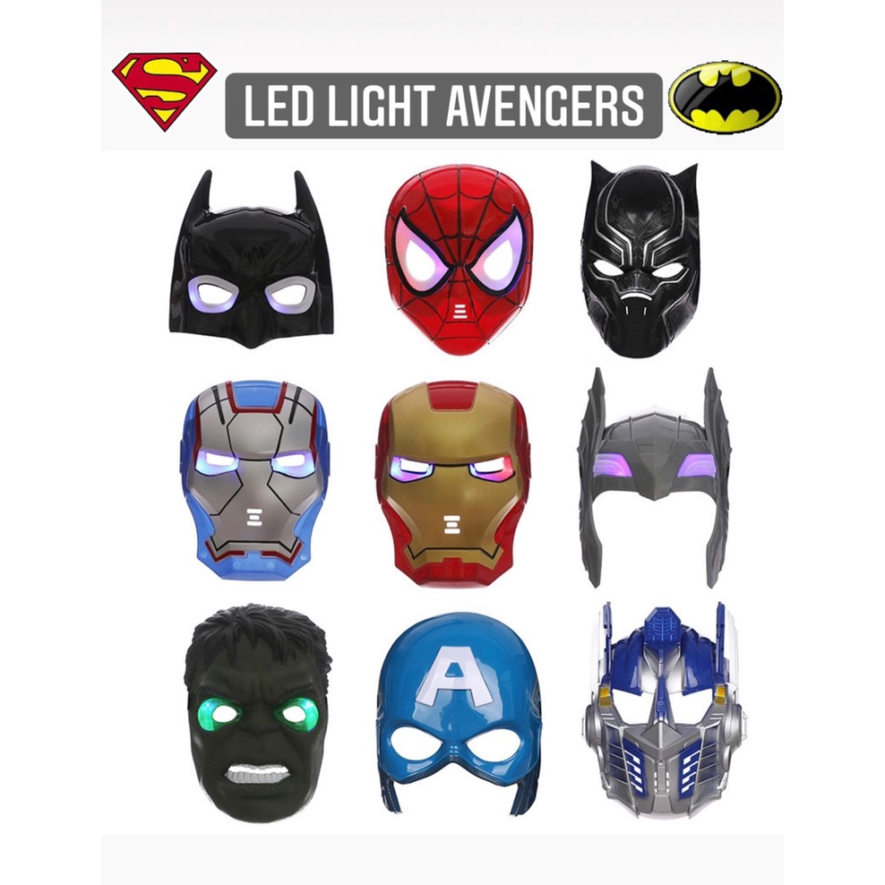 READY STOCK Superhero Kids Halloween Prank Luminous LED Spiderman Hulk Batman Face Mask Cosplay Toy