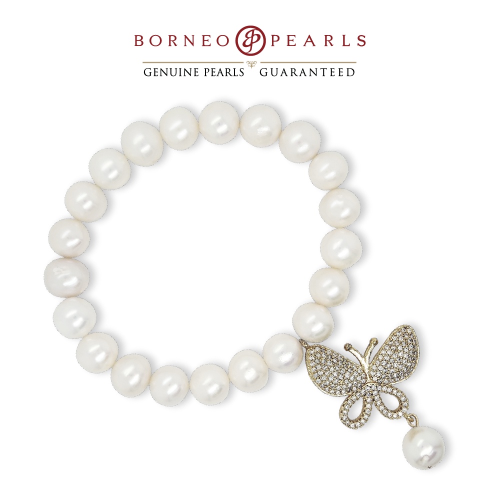 Pearl Bracelet with Butterfly Charm Dangling Bracelet