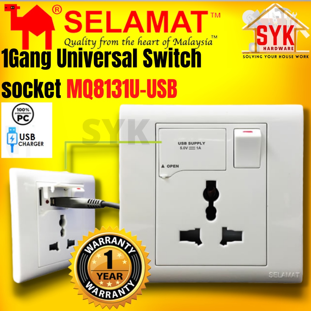 SYK Selamat MQ8131UUSB 1Gang Universal Switch Socket with USB Charging