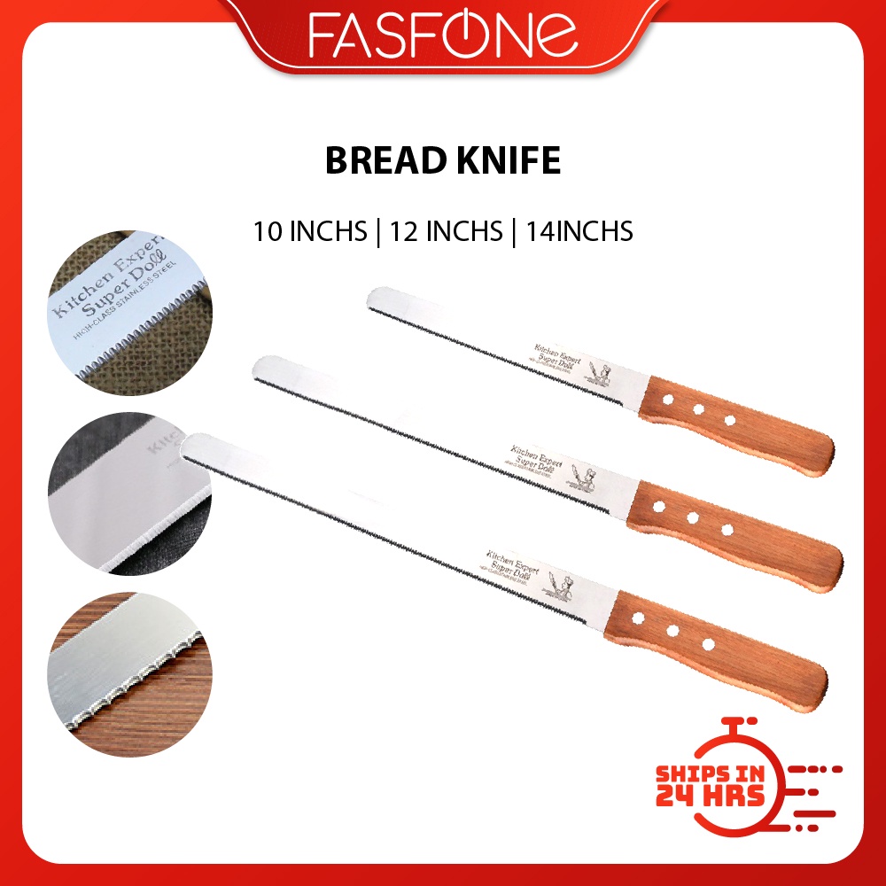 (Malaysia Ready Stock) Stainless Steel Blade l Bread Knife | Wood Handle l Knife Holder Wood | Teeth Plain 10 12 14 Inch