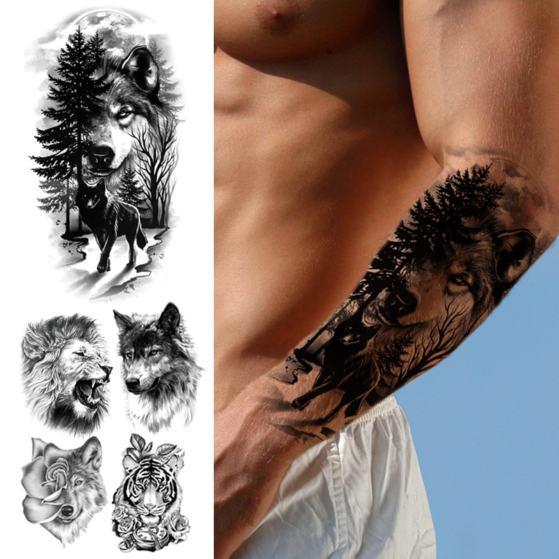 wolf forest sleeve tattoo designs for men arm band shoulder tattoo animals  tiger lion king fox compass body tattoo big black | Shopee Malaysia