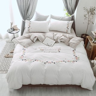 Embroidery White Grey Bedding Set Queen King Size Pure Cotton Bed