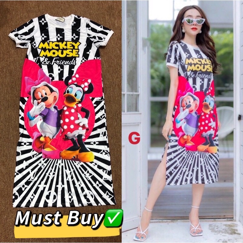 Gucci LV Cute Cartoon Mickey Mouse Potrait Summer Loose Wear Dress Ready Stock Free Shipping