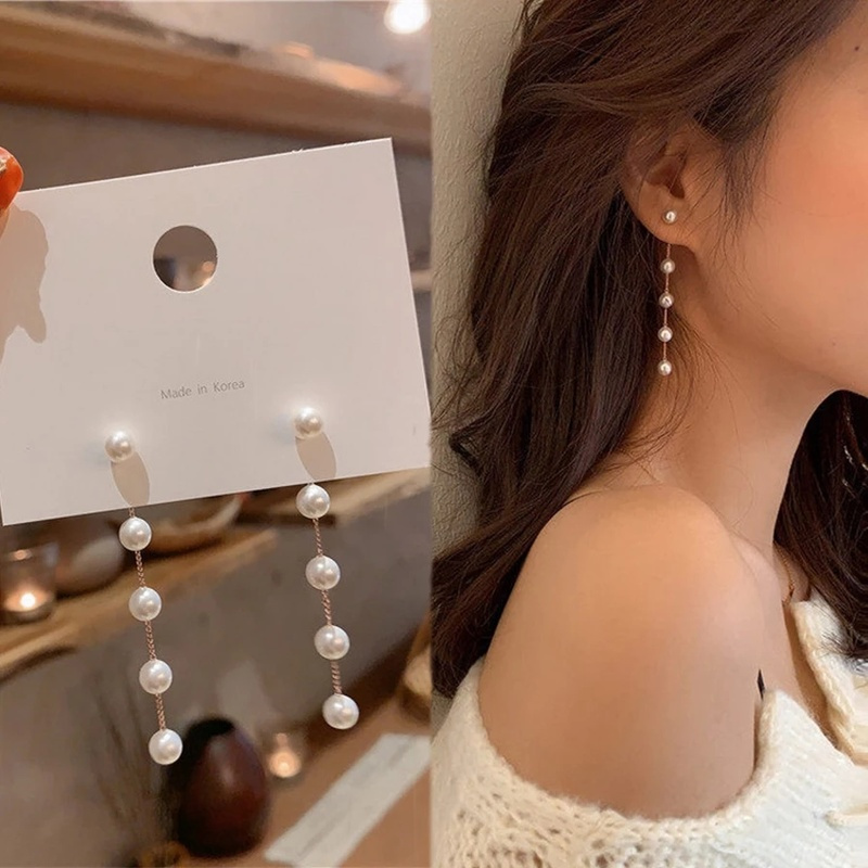 1 Pair Trend Creative Pearl Long Studs Earrings / Women Bridal Wedding Drop Earrings / Ladies Elegant Dangle Earrings / Korean INS Simple Style Studs Earrings / Girls Sweet Party Minimalist Ear Jewelry Accessories