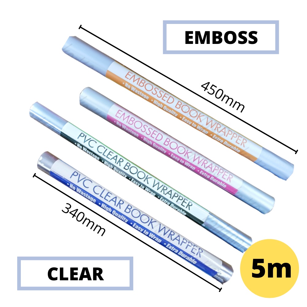 Clear/Emboss 340mm/450mm*5m PVC Book Wrapper / Book Cover / Pembalut