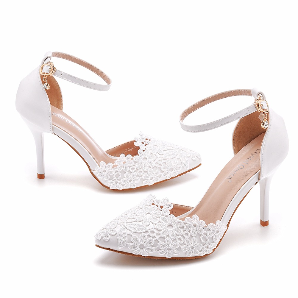 XSHXY · 9 White Lace Flower Wedding Shoes Word Wristband Bridal Hollow Stiletto Heel Pointed Toe Shooting Women Sandals