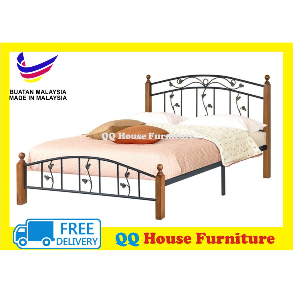 Free Shipping Metal Wood Queen Bed Double Bed Bed Frame Queen Bed Katil Kayu Katil Besi Katil Bedroom Furniture