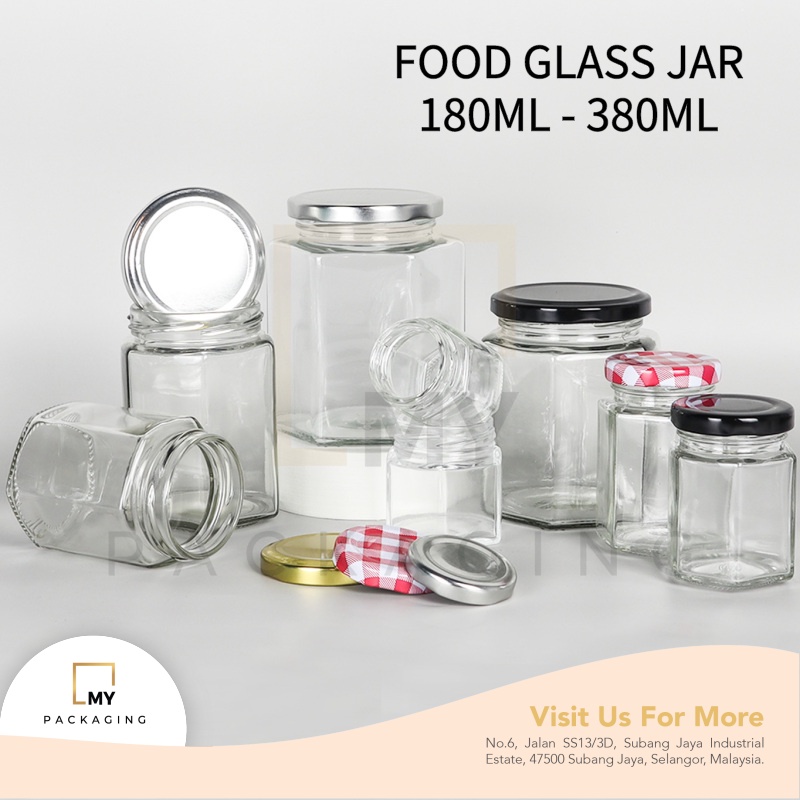 HEXAGON FOOD GLASS JAR 180ML - 380ML + BLACK / GOLD / SILVER / RED 