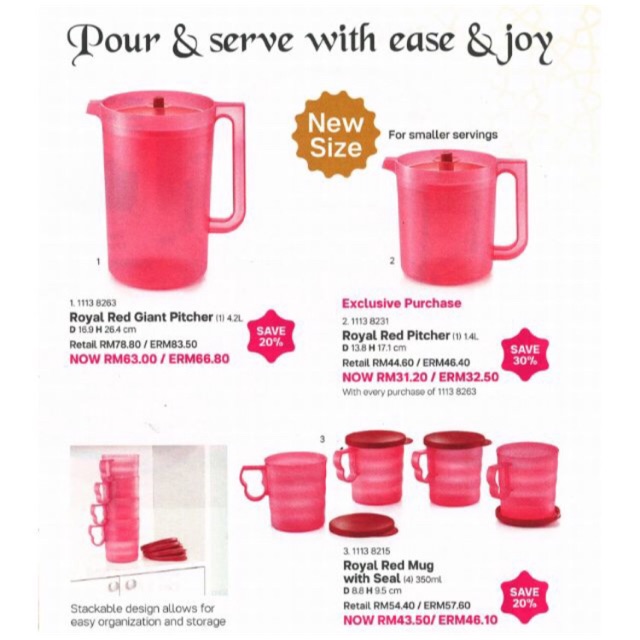 Tupperware Royal Red Giant Pitcher 4.2L/PWP Small Pitcher 1.4L/Mug(4) 350ML