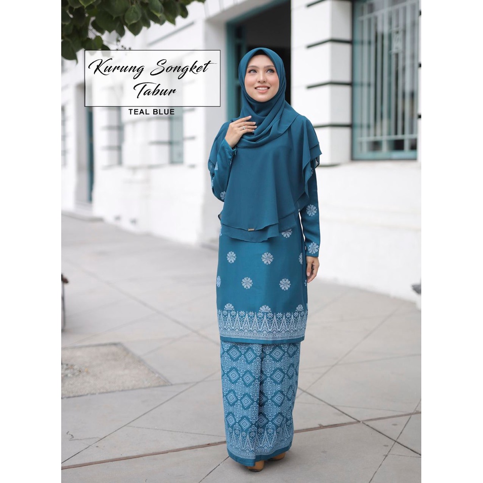 Baju Kurung Moden Kurung Songket Bunga Tabur Khimar Teal Blue