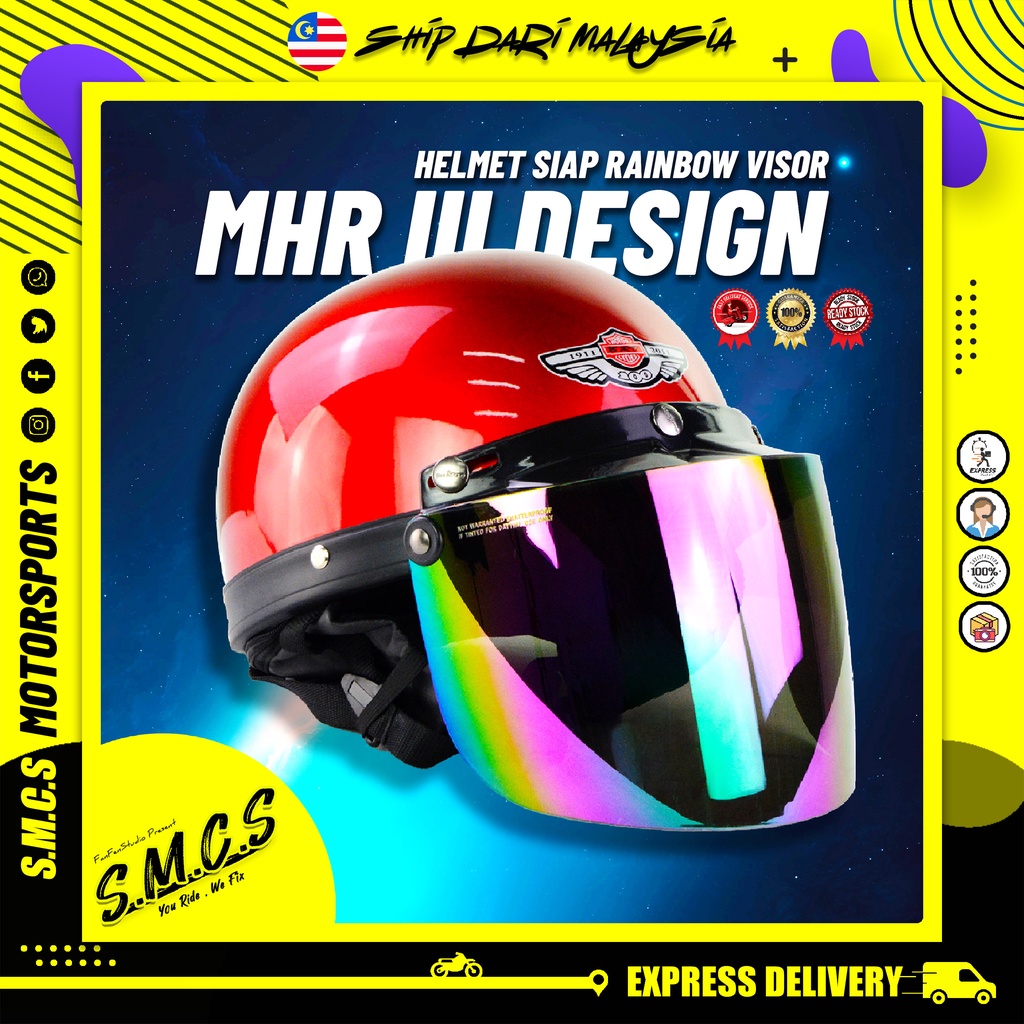 MHR III Siap Rainbow Visor [BRV LOGO] Steng Kura Topi Keledar MHR Separuh Helmet Half Cut