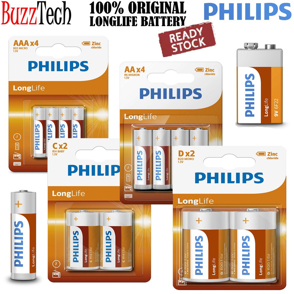 BuzzTech Philips LongLife Battery AA / AAA / C / D / 9V Battery ZincChloride Technology
