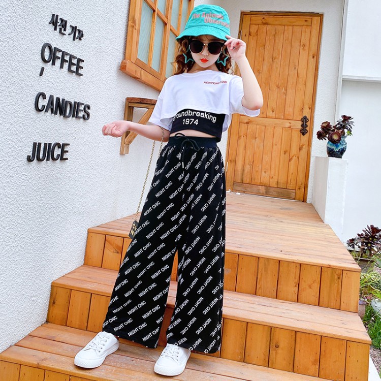 Children's Clothing Girls' Suits Summer New Style Short-Sleeved Belly Button Tops+Wide-Leg Trousers Three-Piece Medium Big Kids Korean Version Fashion Casual Trend Letters Slimmer Look Tall Jazz Catwalk Show Little Girls Design