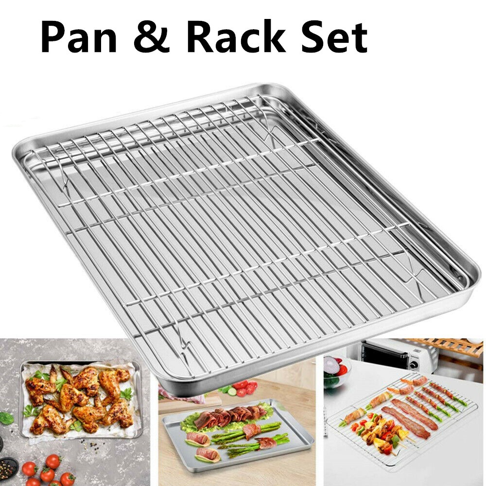 Aluminium Tray Bakeware Oven Sheet Cookie Toast Oven Tray Stainless Steel Pizza Cakes Baking Sheet Pan & Rack Set