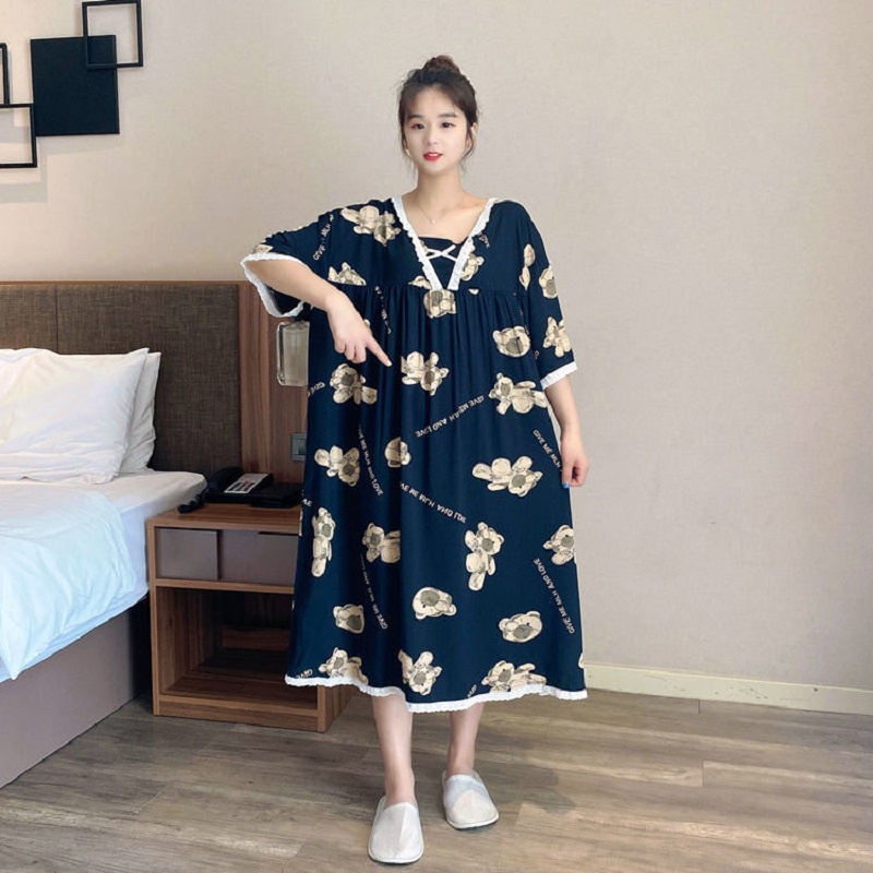 Oversized Plus Size 150KG Women's Short Sleeves Prints Pajamas Summer Nightwear Clothes Medium Length Dress Sleepwear Home Dress Leisure Wear