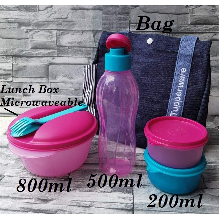 Tupperware Safe2Go Lunch Box Jolli Microwaveable/Fork spoon/Eco Bottle 500ml/Small Round Container/Blue Jean Satchel Ba