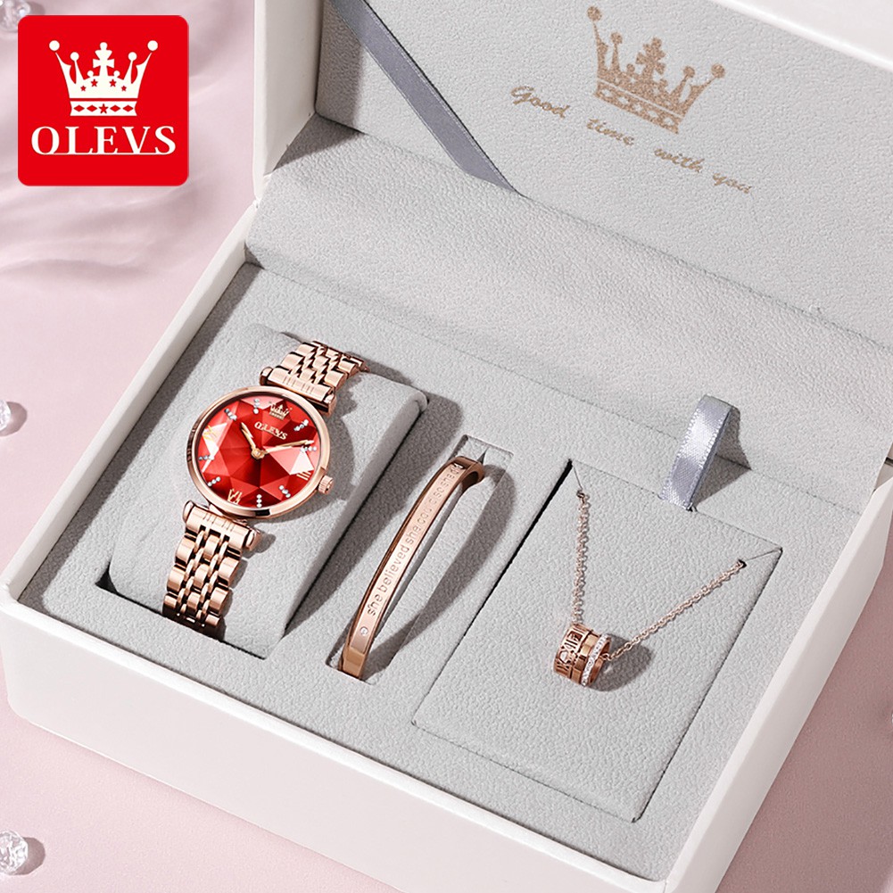 Olevs 6642 Jam Tangan Wanita Hadiah Untuk Perempuan Jenama Bracelet Necklace Gift Set Original Red Watches Women Rhombus Convex Mirror Roman Numerals Quartz Analog Watch Women's Casual Rose Gold Stainless Steel Jam Gelang Kalung Set