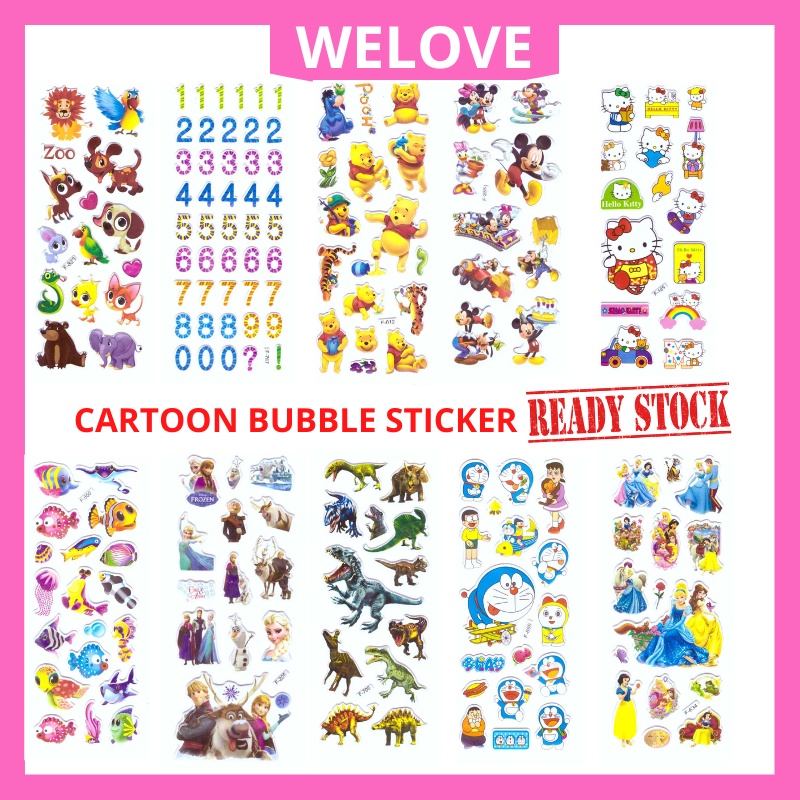 1pc 3D Pelekat Kartun Gelembung Comel Cartoon Bubble Cute Sticker-Hello Kitty/Frozen/Doraemon/Dinosaur/Cinderella/Pooh