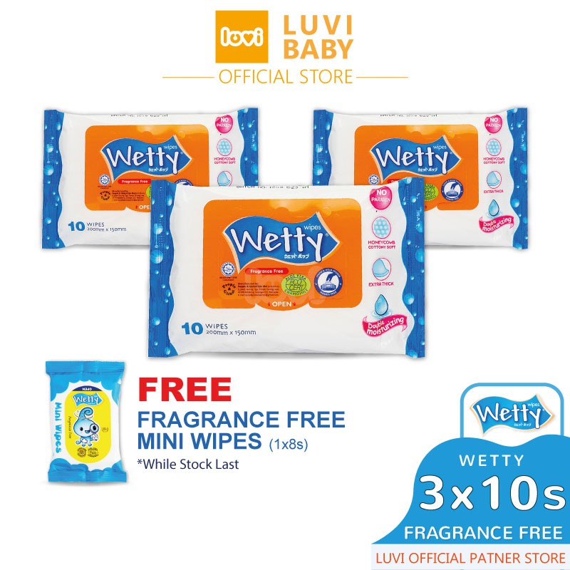 Wetty (8 x 10�s) Fragrance Free Wipes Extra Thick Baby