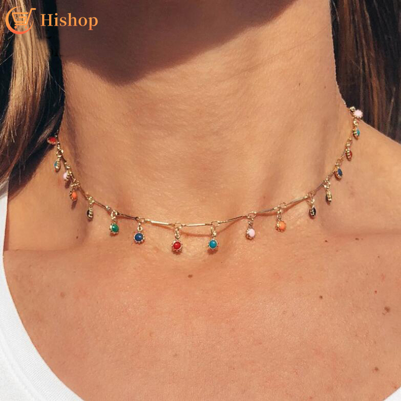 Women Bohemian Gold Necklace Charming Colorful Stone Chain Chocker Party Jewelry Accessories