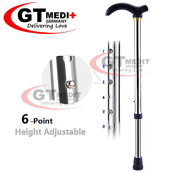 GT MEDIT GERMANY 6 Point Adjustable Height Flexible Cane Walker Crutch Walking Aid Mobility Stick / Tongkat