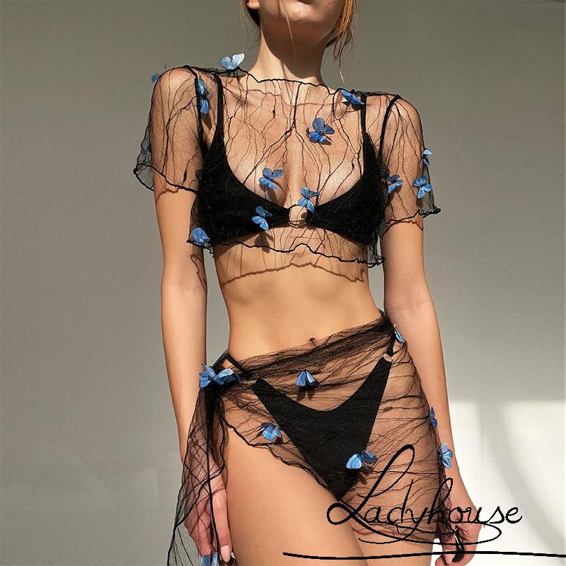 LDD-Women´s Bikini Cover-up Set Mesh Sheer Three-dimensional Butterfly Decoration Short Sleeve Crop Tops Tie-up Sarong Wrap Skirt