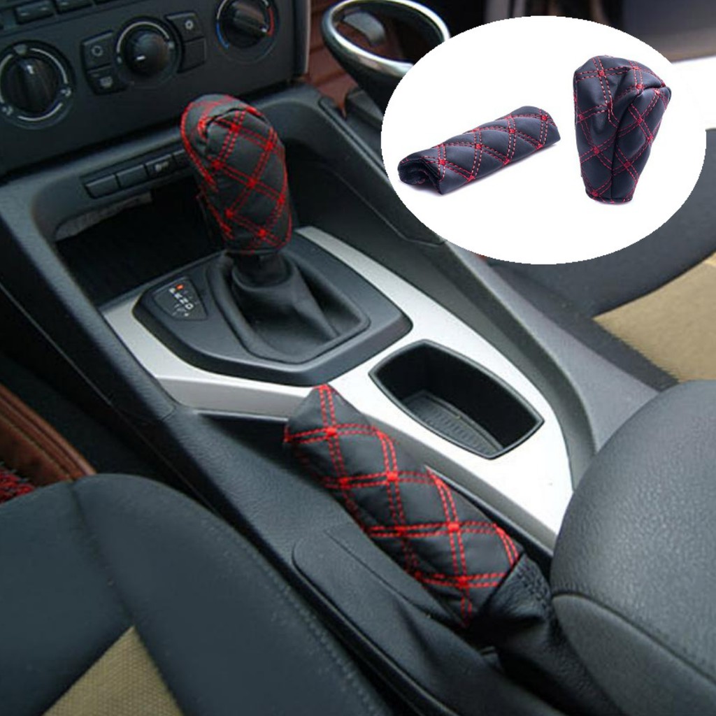 Set Universal Quilted Leather Gear Knob Hand Brake Cover Car Interior Decor
