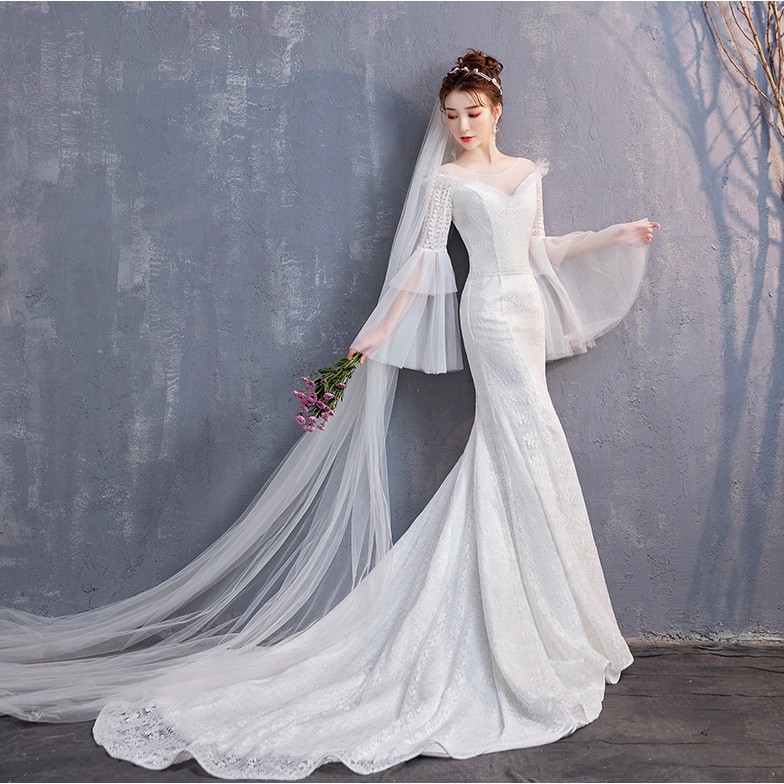 Beaunique Fishtail Bride Trailing Starry Space Muslimah Wedding Dress Sensual Fantasy French White Baju Pengantin