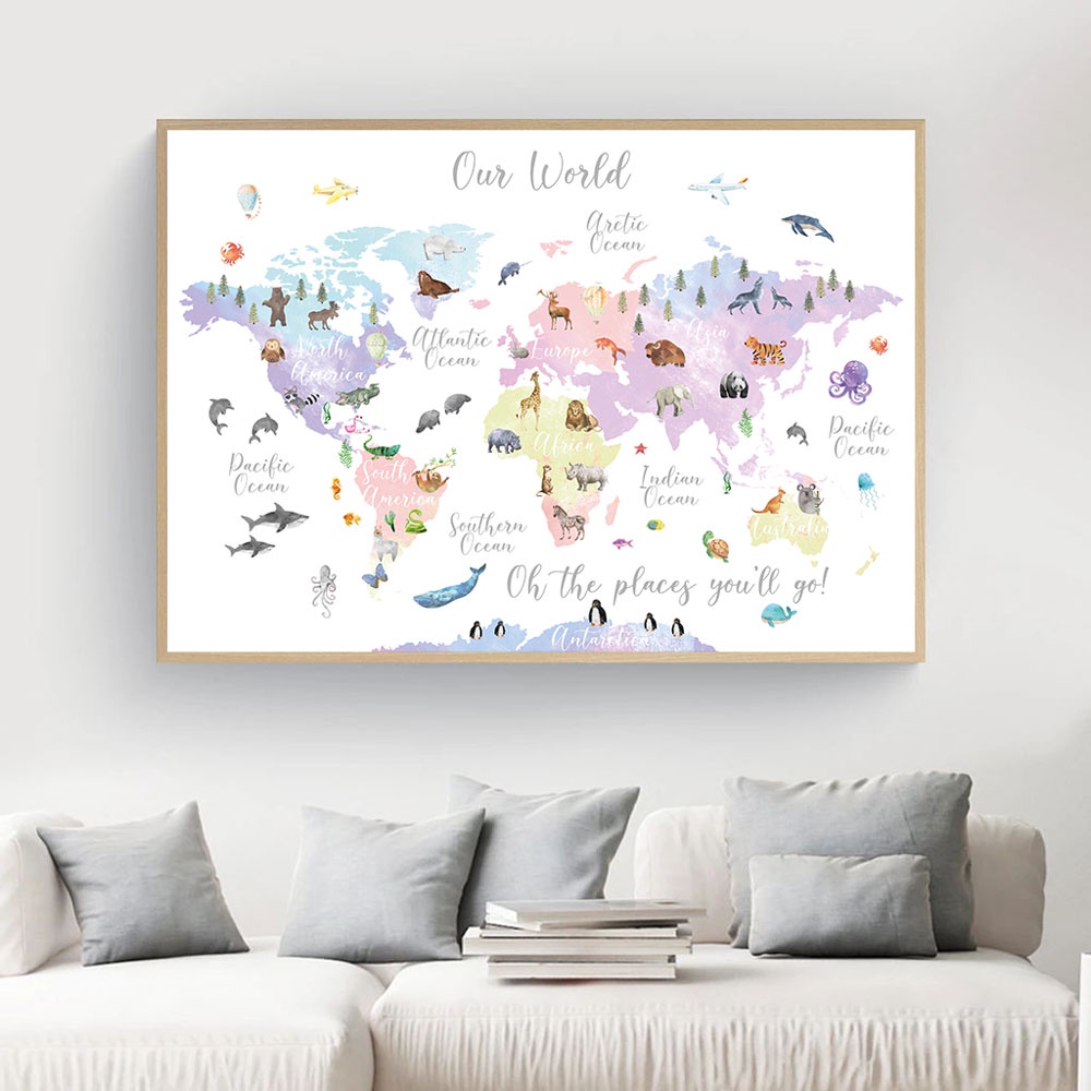 World Map For Playroom Educational Animal World Map Picture Children Poster Nursery Wall Art  Canvas Print Painting Baby Kid Bedroom Playroom | Shopee Malaysia