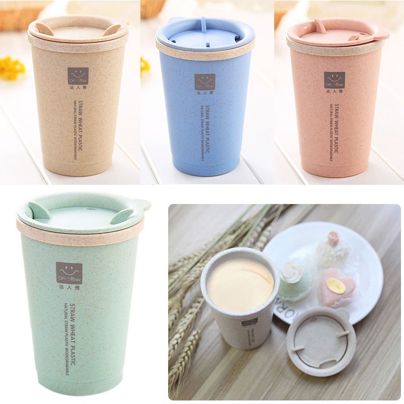 400ML Double-wall Insulation Wheat Fiber Straw Coffee Cup Travel Mug Leakproof