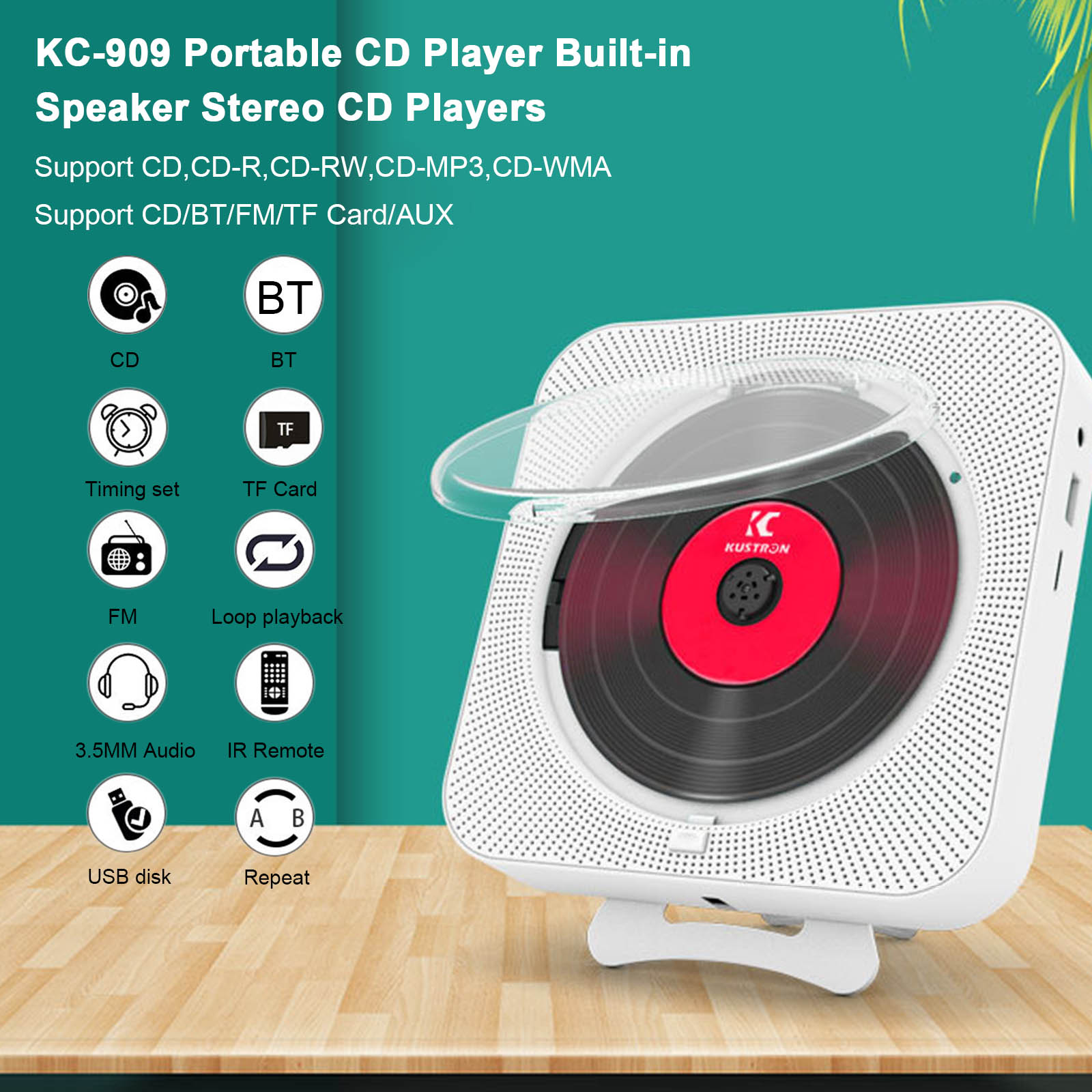 Wall Mounted CD Player With Bluetooth Remote Control USB Drive LED Display HiFi Speaker Portable