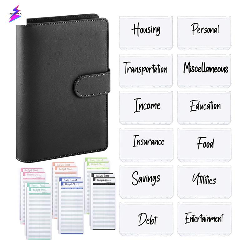 25Pcs A6 PU Leather Budget Binder Set, Binder Cover Personal Planner Binder for Money Saving Cash Envelopes System Black