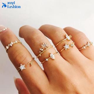 Vintage Gold Crystal Ring Set Bohemian Moon Star Rings Women Finger Ring Wedding Jewelry Gifts