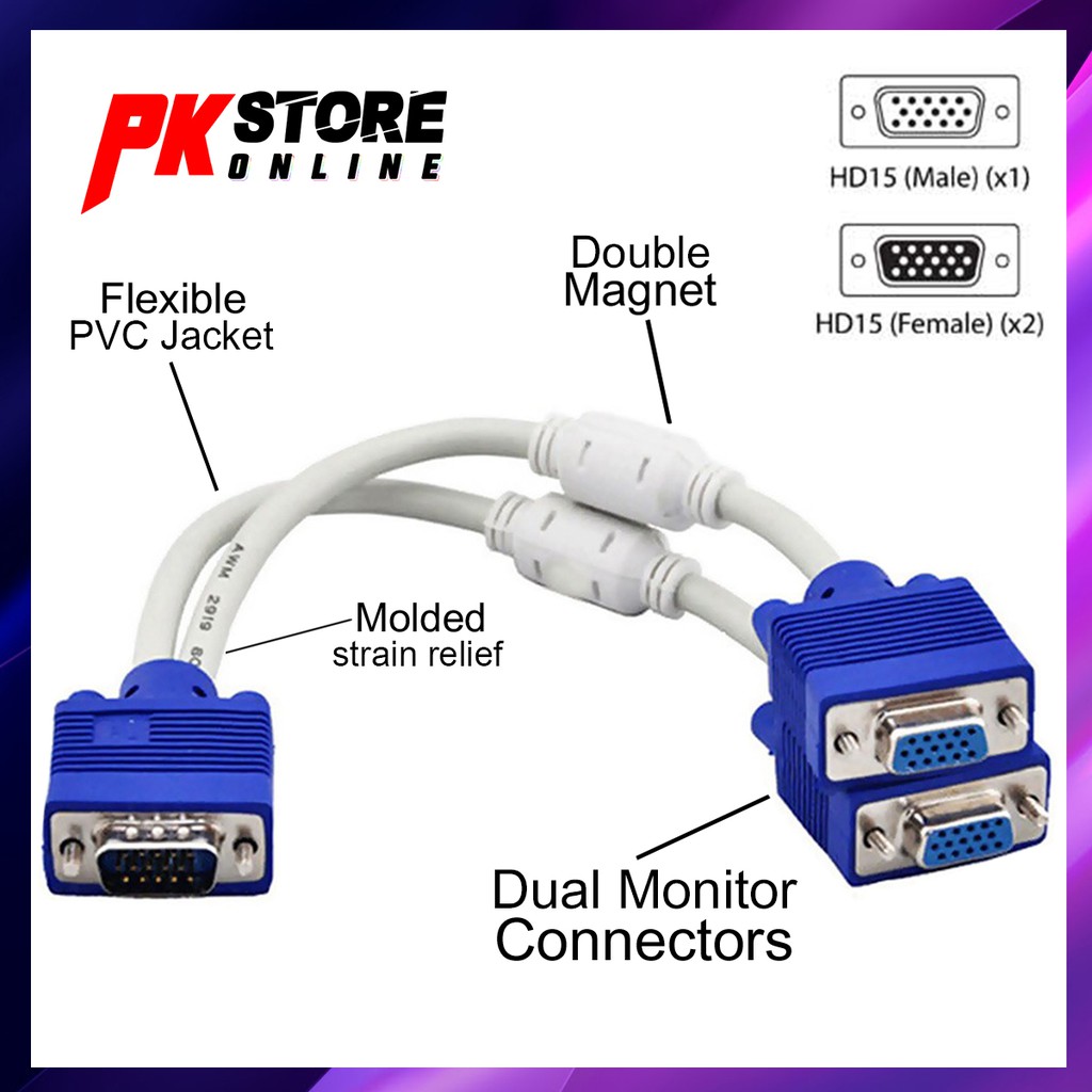 15PIN VGA SPLITTER CABLE 1 MALE TO 2 FEMALE Y ADAPTER MONITER CONVERTER