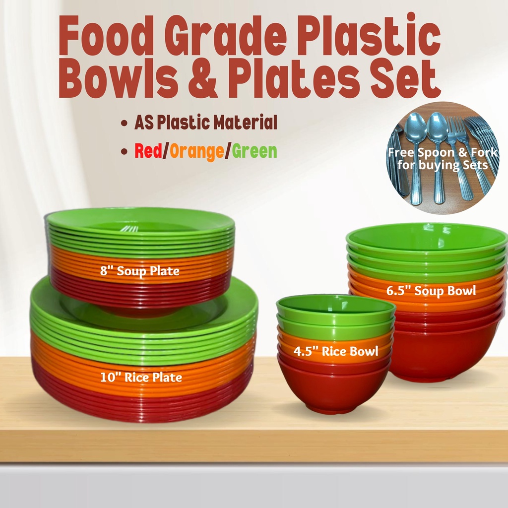 (6pcs) Food Grade AS Plastic Bowls & Plates (Red/Orange/Green) Pinggan