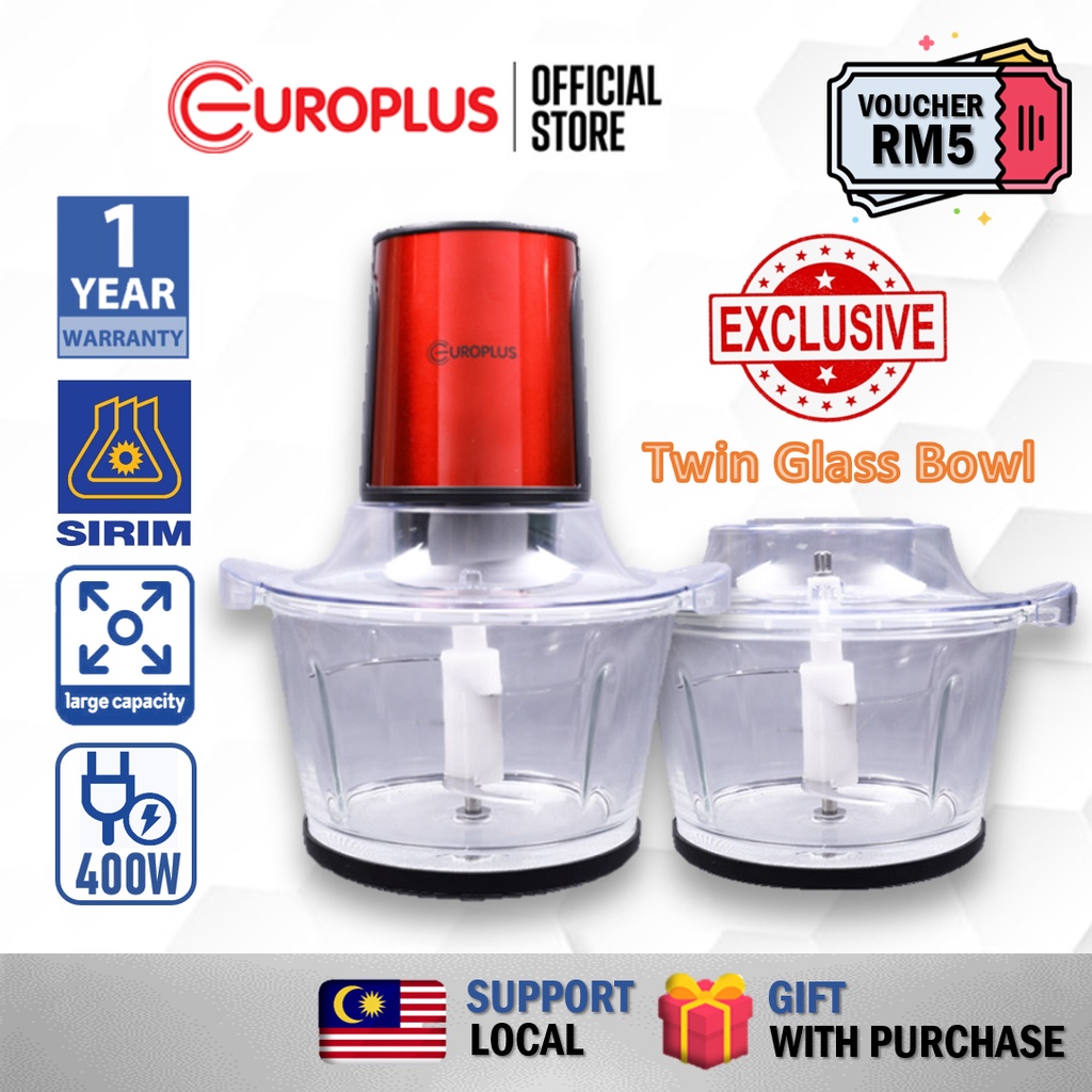 Europlus Razor Electric Multifunctional Food Chopper Meat Grinder Food Processor with Twin Glass Bowl (2 L)