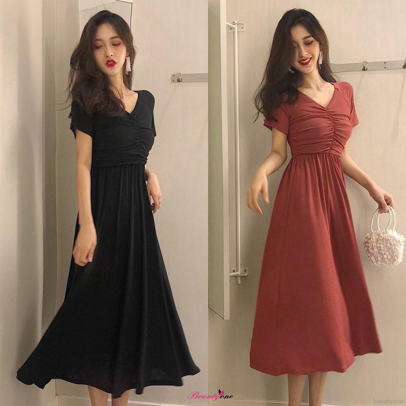 Women Korean V-Neck Short Sleeve Solid A-Line Ruched Dress | Shopee ...