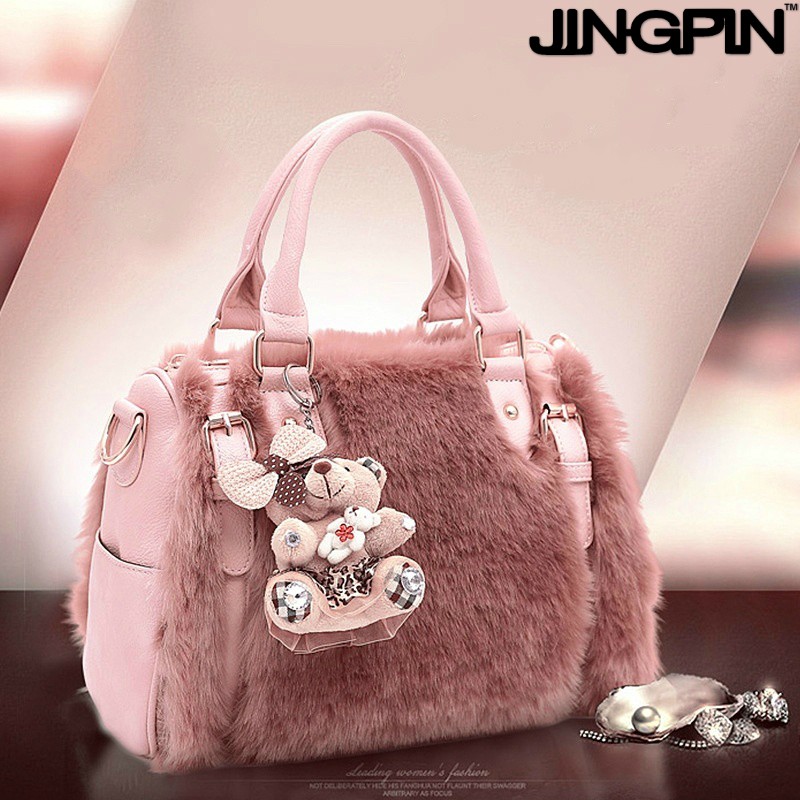 JINGPIN 2 Pcs/Set Lady Casual Purse Bear Pendant Handbag Winter Soft Plush Female Shoulder bag PU Leather Boston Bag